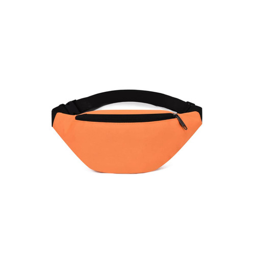 An orange bum bag with a black adjustable strap and a front zippered pocket. The bag has a simple design.