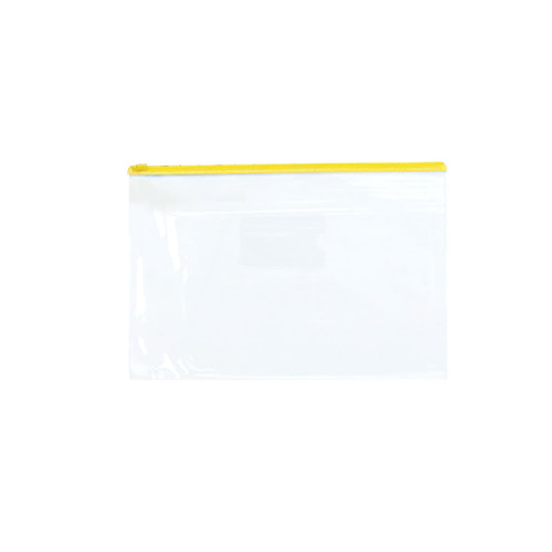 A transparent A4 file bag with a yellow zipper. It has an enclosed pocket and features a logo.
