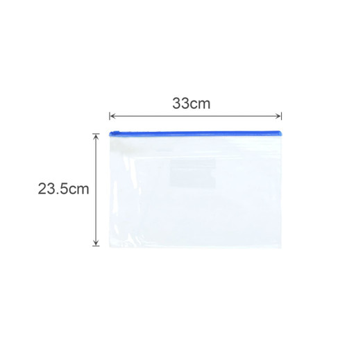 A transparent A4 file bag with a blue zip, measuring 33cm by 23.5cm, featuring a logo.
