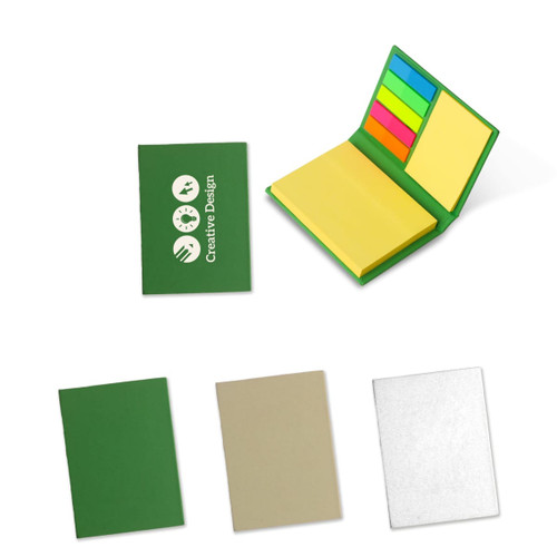 A compact sticky notepad featuring green, yellow, and multi-coloured sticky notes, with a logo on the cover.