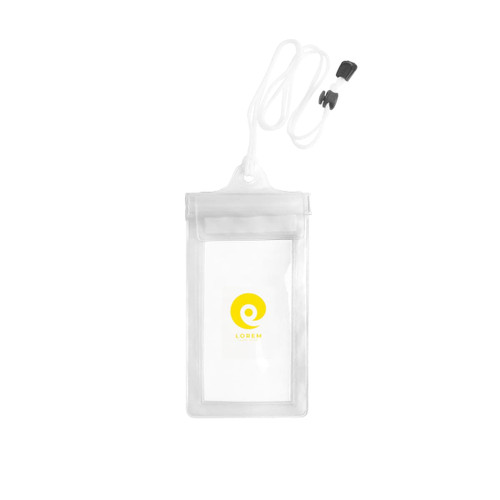 Clear waterproof phone bag with a neck string, featuring a logo, suitable for protecting devices from water.