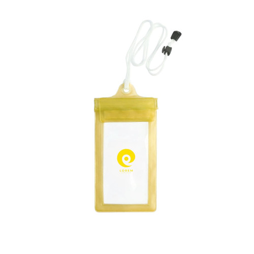 A waterproof phone bag in yellow with a clear front and adjustable neck string, featuring a logo.