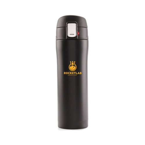 A drink bottle featuring a 450ml black stainless steel design with a flip-top lid and a logo.