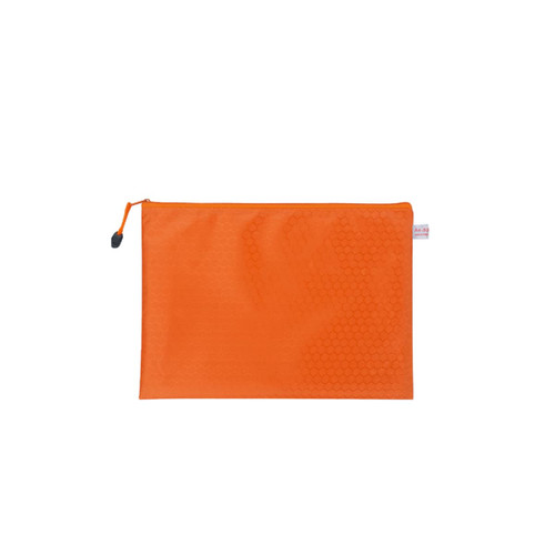 An orange laptop bag with a textured honeycomb pattern and a zip closure. It features a logo on the side.