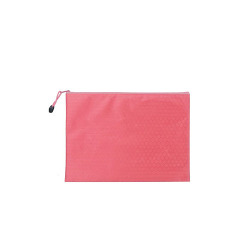 A pink zip bag with a textured pattern and a drawstring closure. It includes a logo.
