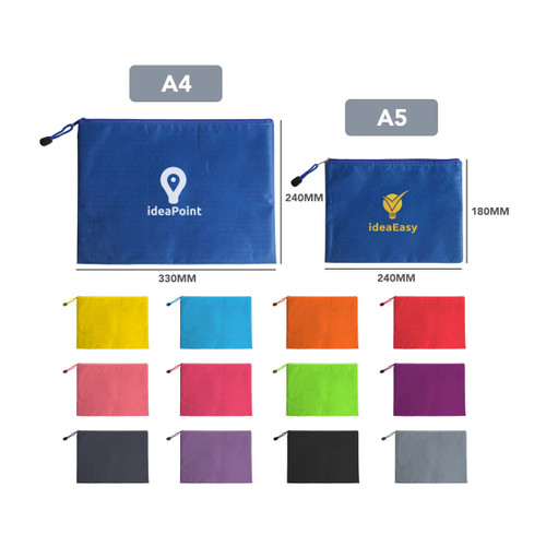 A variety of zip bags in multiple colours, including blue, pink, orange, and purple, with logos featured.