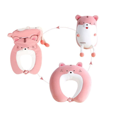 A pink tiger-shaped travel pillow that transforms into a plush toy, featuring cute facial details and pom-pom accents.