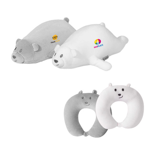 Bear-shaped travel pillows in grey and white, featuring a round neck pillow and a flat pillow. One has a logo.