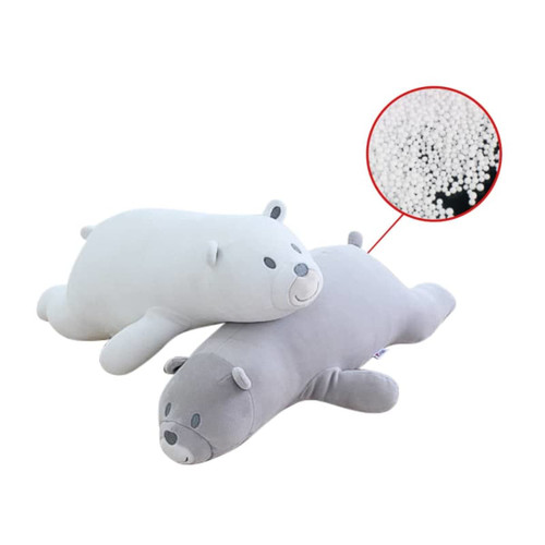 A bear-shaped 2-in-1 travel pillow in grey and white, featuring a soft texture and a detailed design.