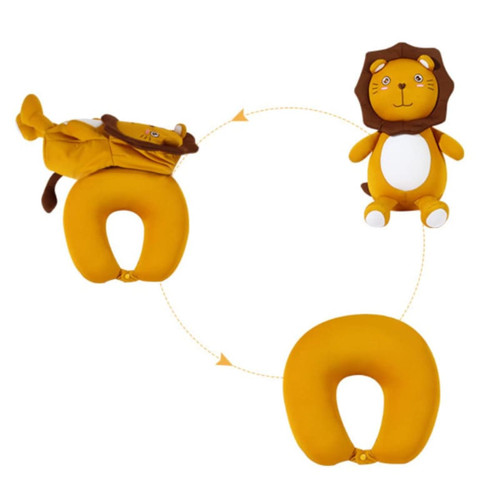 A lion-shaped, yellow plush travel pillow transforms into a cute stuffed toy, featuring a friendly face and a mane.