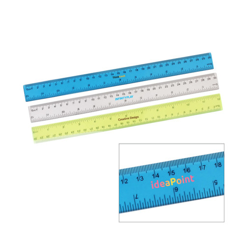 Three 30cm rulers in blue, clear, and yellow, featuring measurement markings and a logo on one ruler.