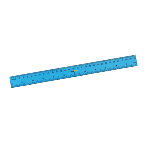 A blue 30cm dual scale ruler featuring metric and imperial measurements, with a logo on its surface.