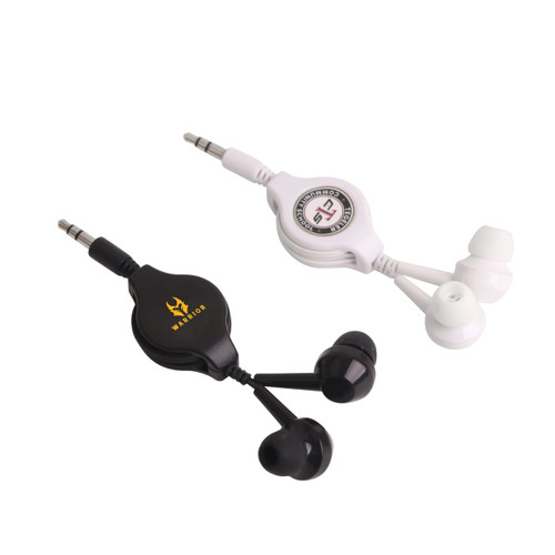 Retractable earbuds headset in black and white, featuring a logo on the black version.