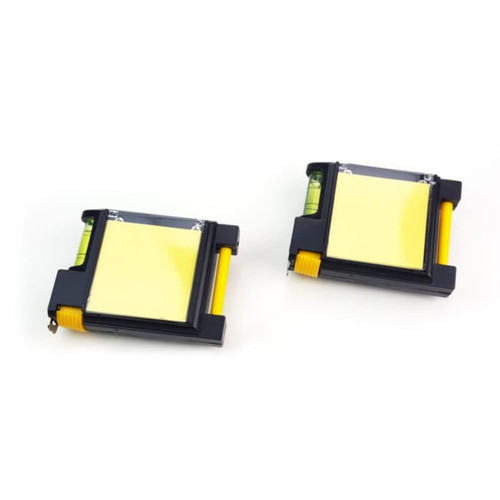 Two multifunctional tape measures in black and yellow, featuring built-in levels and a compact design.