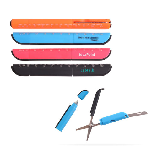 Multifunctional scissors in black and blue, featuring a ruler and a pen; includes multiple interchangeable parts.