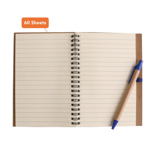 A Kraft notebook with a brown cover, spiral binding, and a blue ballpoint pen, featuring lined pages.