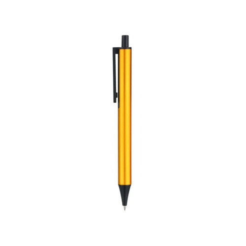 A plastic click pen in a bright orange colour with a black clip and tip, featuring a logo.