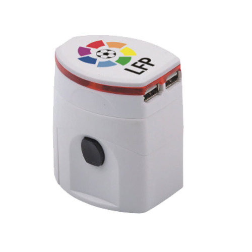 A white travel adapter with two USB ports and a logo, featuring a light-up design in multiple colours.