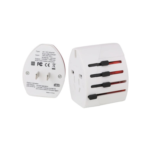 A white travel adapter with multiple plug options and USB ports, featuring an LED indicator and a branded logo.