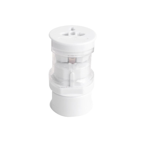 A white universal plug travel adapter with multiple input options and a clear top section. It features a logo.