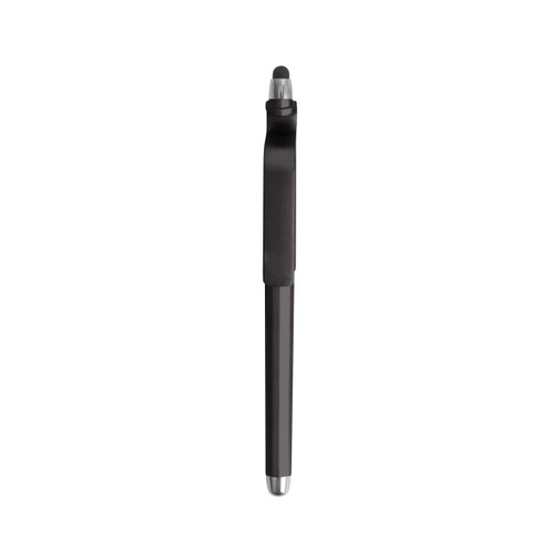 A black stylus ball pen with a mobile holder and a silver tip, featuring a logo on the side.