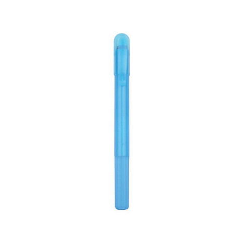 A blue highlighter crayon with a translucent body and a cap, featuring a textured grip and branding.