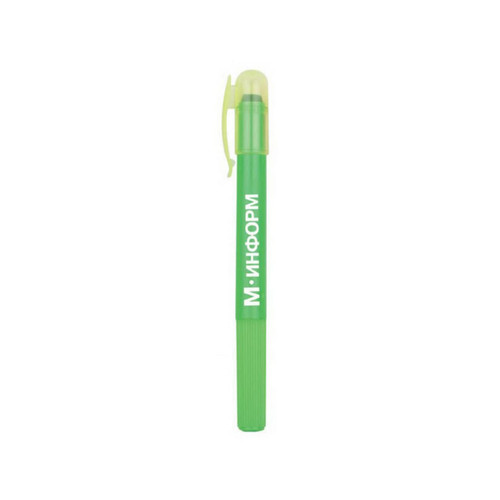 A green highlighter crayon with a transparent cap and a ribbed barrel, featuring a logo.