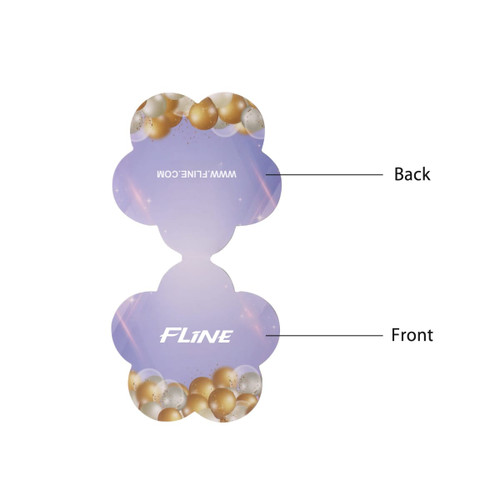 A floral-shaped sticky note pad featuring a pastel purple background with decorative golden and white balloons. It has a logo.