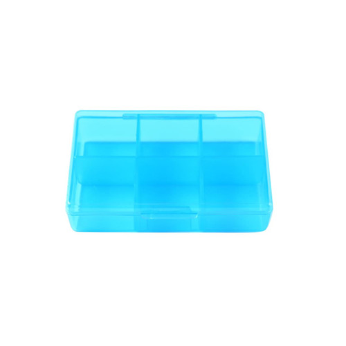 A blue, six-compartment pill box featuring a transparent design and a secure lid.