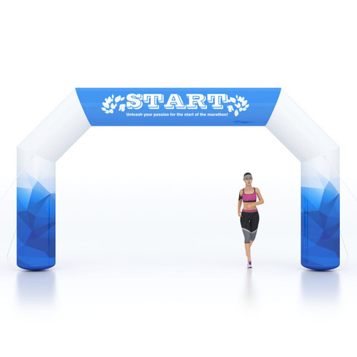 A large inflatable arch in blue and white, featuring a logo, with a runner passing through it.