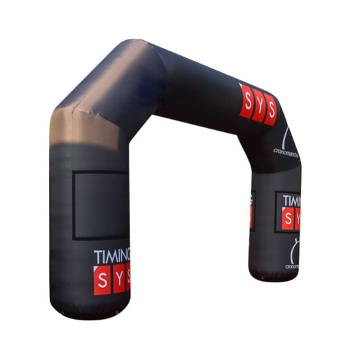 A large inflatable arch in black with red and white branding, designed for exhibitions and events.