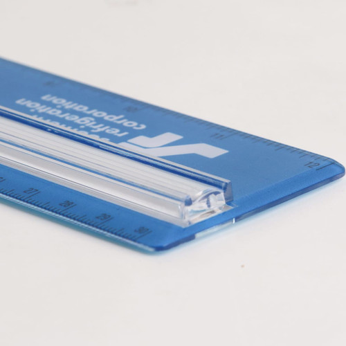 A blue dual scale magnifying ruler with clear markings and a transparent magnifying strip.