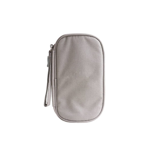 A grey electronic accessory organiser bag with a zip closure and a wrist strap. Features a smooth exterior.
