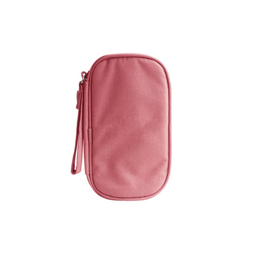 A pink electronic accessory organiser bag with a zip and wrist strap. It includes a small logo.