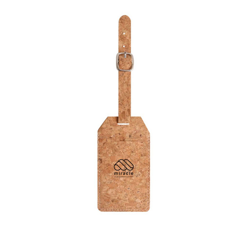 A cork luggage tag with a silver buckle, featuring a logo, in natural cork colour.