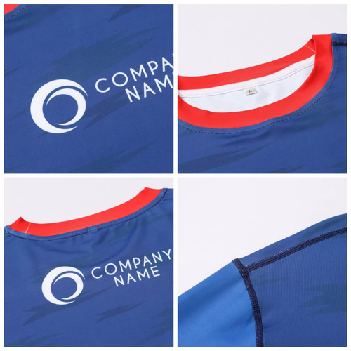 A long-sleeved T-shirt in blue and red, made of polyester and spandex, featuring a logo.