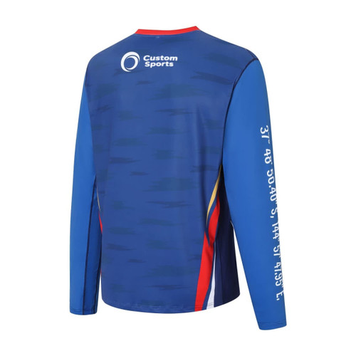 A men's long-sleeved T-shirt in blue with red accents and a logo, designed for sun protection.
