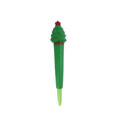 A green pen shaped like a Christmas tree, featuring a red star on top and a soft stress reliever design.