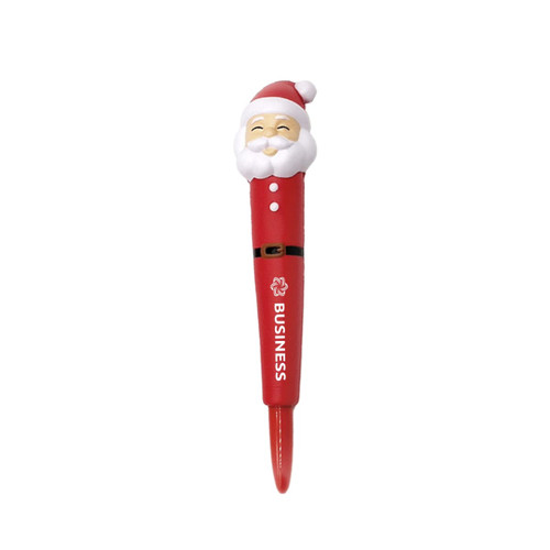 A red pen featuring a Santa head stress reliever at the top, with a logo on the barrel.