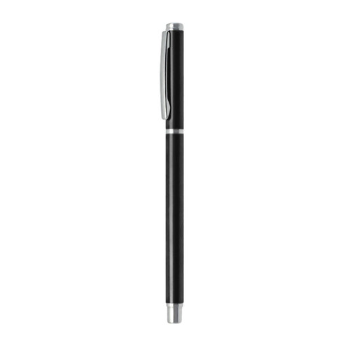 A black aluminium gel pen with a silver clip, featuring a sleek design and a logo on the barrel.