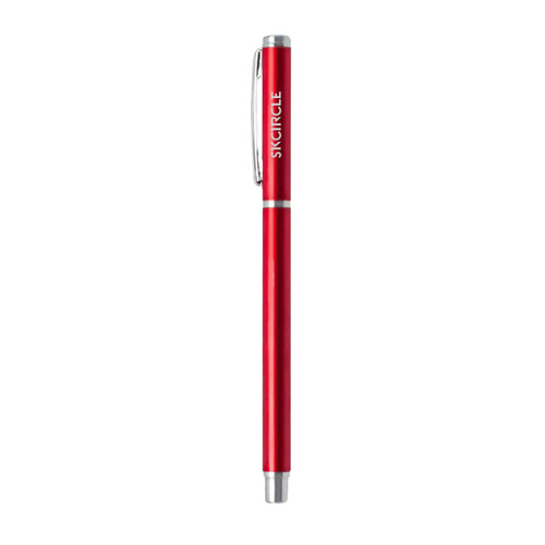 A sleek red aluminium gel pen with a silver clip and branding on the body.