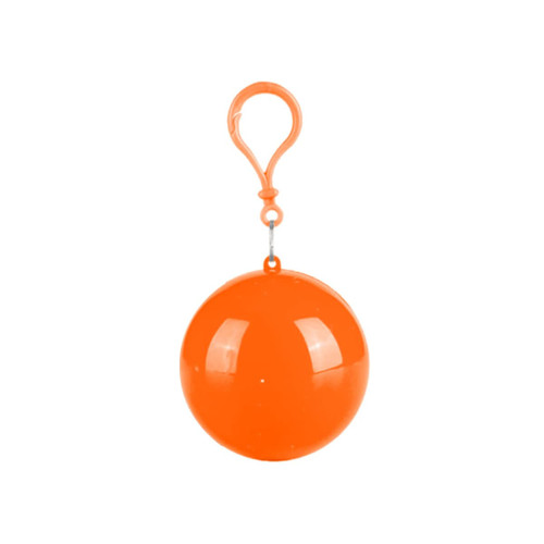 An orange ball with a clip attachment, designed for a novelty rain poncho.