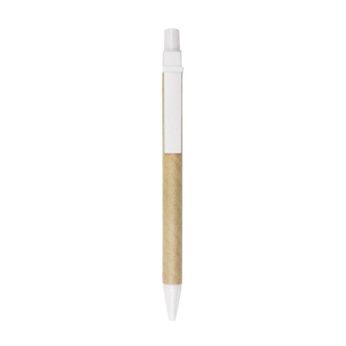 A kraft paper ball pen with a white plastic clip and a white tip. The barrel is a natural brown colour.