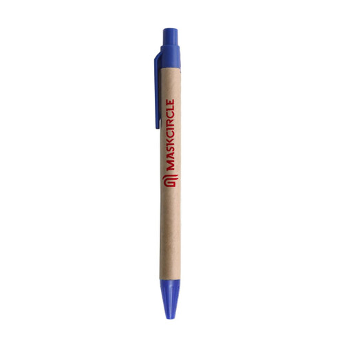 A kraft paper ball pen with a blue plastic tip and clip, featuring a logo on the barrel.