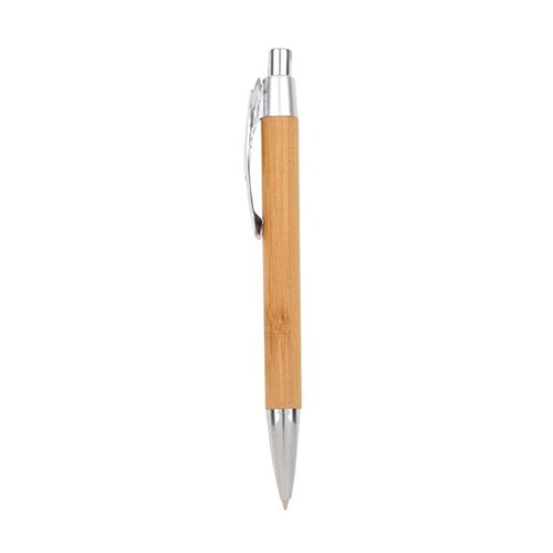 A bamboo click pen with a silver tip and clip, featuring a natural wood finish. It has a logo on the barrel.