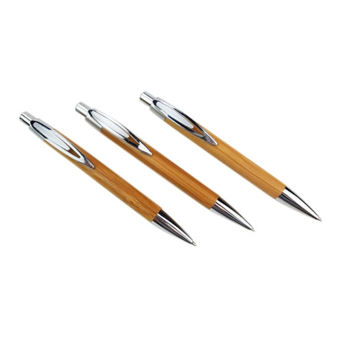 Three eco-friendly bamboo click pens with silver accents, featuring a sleek and natural design.