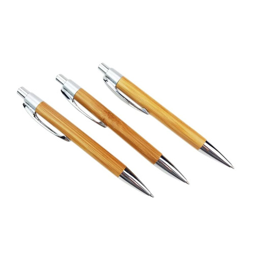 Three eco bamboo click pens with silver accents, featuring a natural bamboo body and chrome tips.