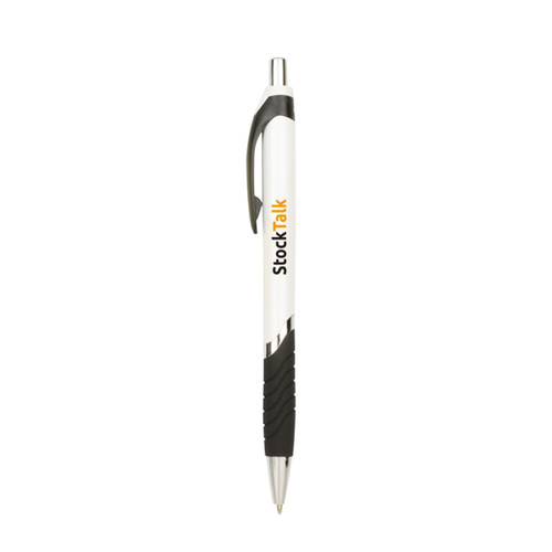 A plastic ballpoint pen with a white barrel, black grip, silver accents, and a logo.