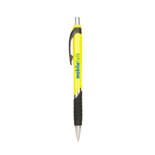 A yellow barrel ballpoint pen with a black grip and a logo on the side.
