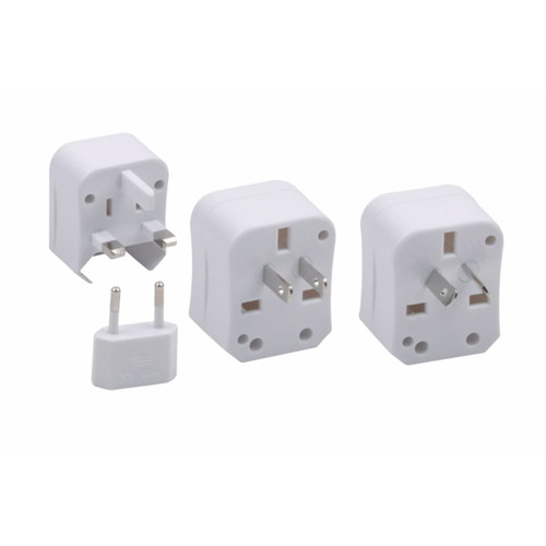 A universal plug travel adapter set featuring four white adapters for different plug types, including a dual pin adapter.